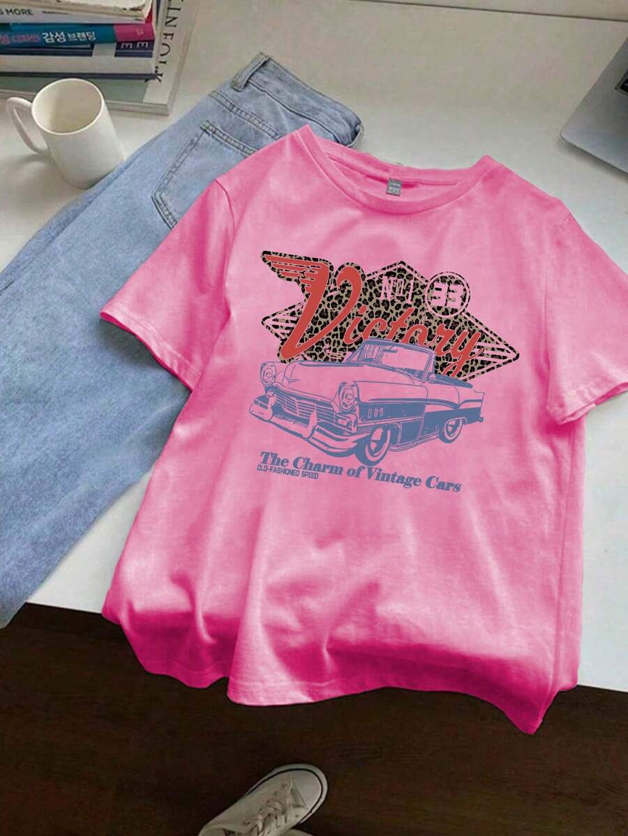 1pc Tween Girl Casual Leopard Print & Retro Car Color Graphic Round Neck Short Sleeve T-Shirt, Summer Student Young - Brings Joy & Happiness To Every Child! - 玫紅色 - 查看 1