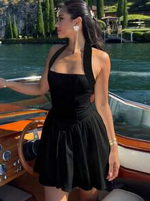 全白露背街头性感露背连衣裙度假A字下摆修身荷叶边下摆连衣裙 - 黑色 - 查看 3