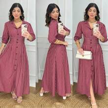 Striped Midi DressStripedElegantConservative / ModestPartyPocketButton - Màu Đỏ Sâu - Xem 5