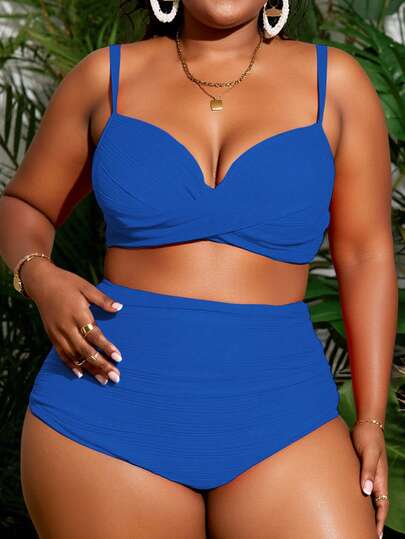 Slaydiva 2 件套加大码女式纯色胸垫分体比基尼泳装泳衣和泳裤，夏季海滩度假
