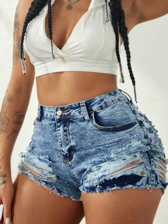 Plus Size Y2K Street Jeans Shorts Stretchiga Sneda Fickor Frasade Utskurna Slitna Rå Fåll Hotpants Klubb Casual Skinny Mini Denim Shorts Cowgirl Tillbaka till skolan