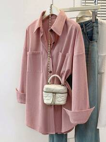 女士灯芯绒衬衫式外套，带口袋和纽扣领 - 纯色长袖秋冬假日旅行休闲装，女士秋季服装，法兰绒衬衫 - 粉色 - 查看 1
