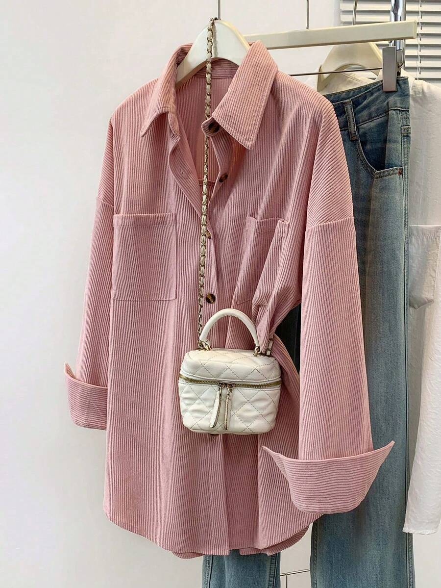 女士灯芯绒衬衫式外套，带口袋和纽扣领 - 纯色长袖秋冬假日旅行休闲装，女士秋季服装，法兰绒衬衫 - 粉色 - 查看 1