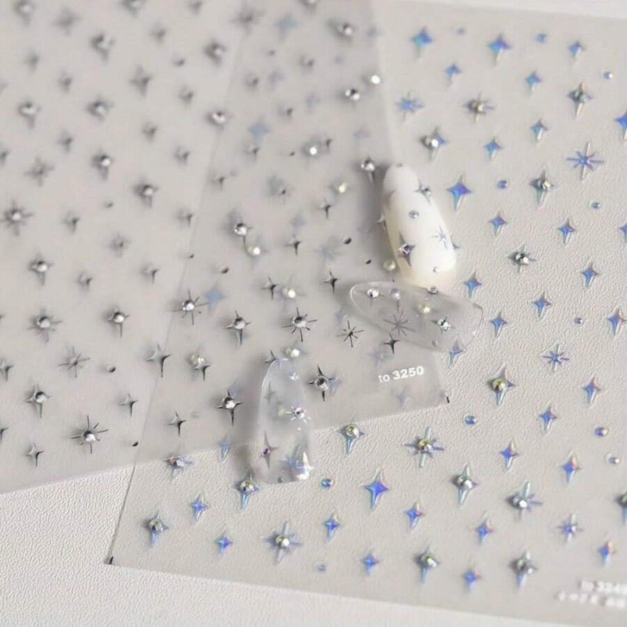 1pc 5D With Rhinestones Star Nail Art Stickers Luxury Laser Silvery Self Adhesive Cute Manicure Decals Decorations Accessories - 彩色 - 查看 1
