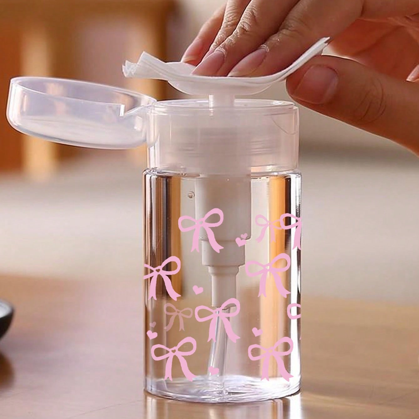 Pink Cherry Heart Pattern Refillable Transparent Travel Makeup Remover Bottle With 3.38oz/6.76oz Portable Pump, Suitable For Nail Polish Remover, Toner And Makeup Remover, Dome Design, Hand Wash Only, Reusable, Bow Decor, Travel Essential