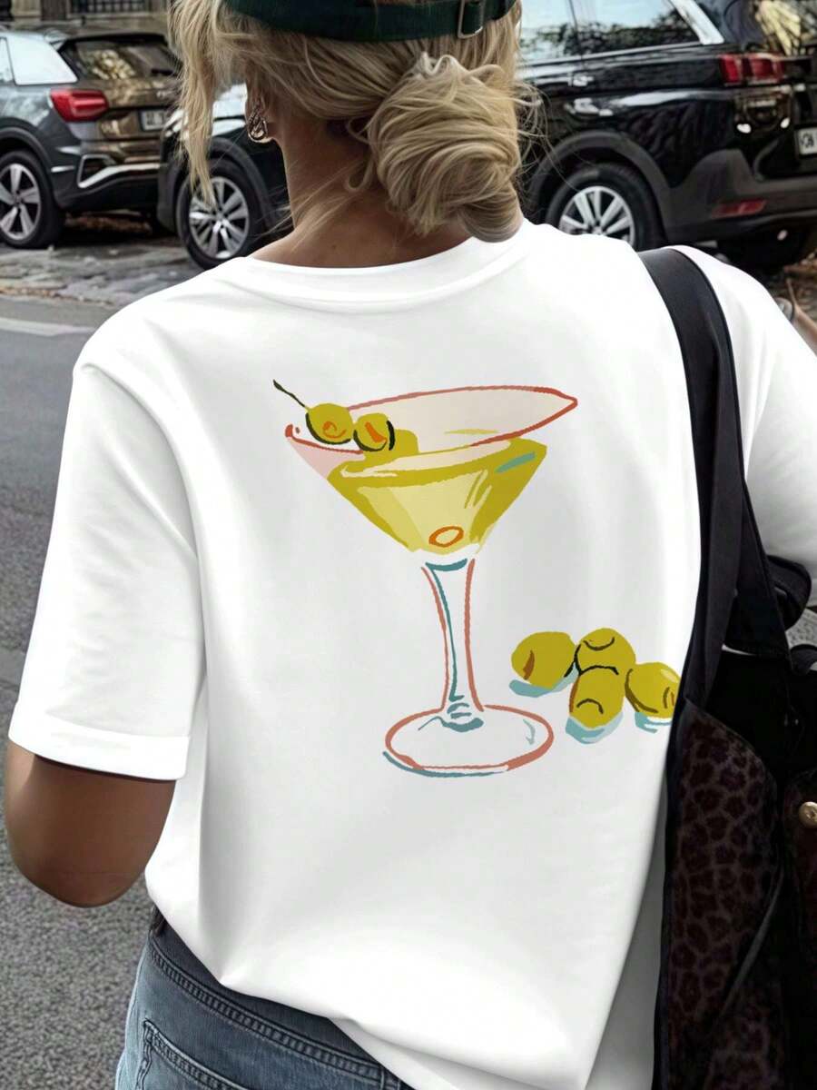 Martini Olive Cocktail Graphic , Women's Double Sided Printed Fashion Casual Round Neck 220gsm Cotton T-Shirt (1 PC) - 白色 - 查看 1