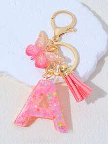 1pc A-Z Letter Butterfly Children's Bag Charm, Bag Accessory, Butterfly Tassel Letter Pendant Keychain, Pink Glitter Letter Keychain With Butterfly Tassel, Girls Bag Charm, Party Gift - Pink - View 20