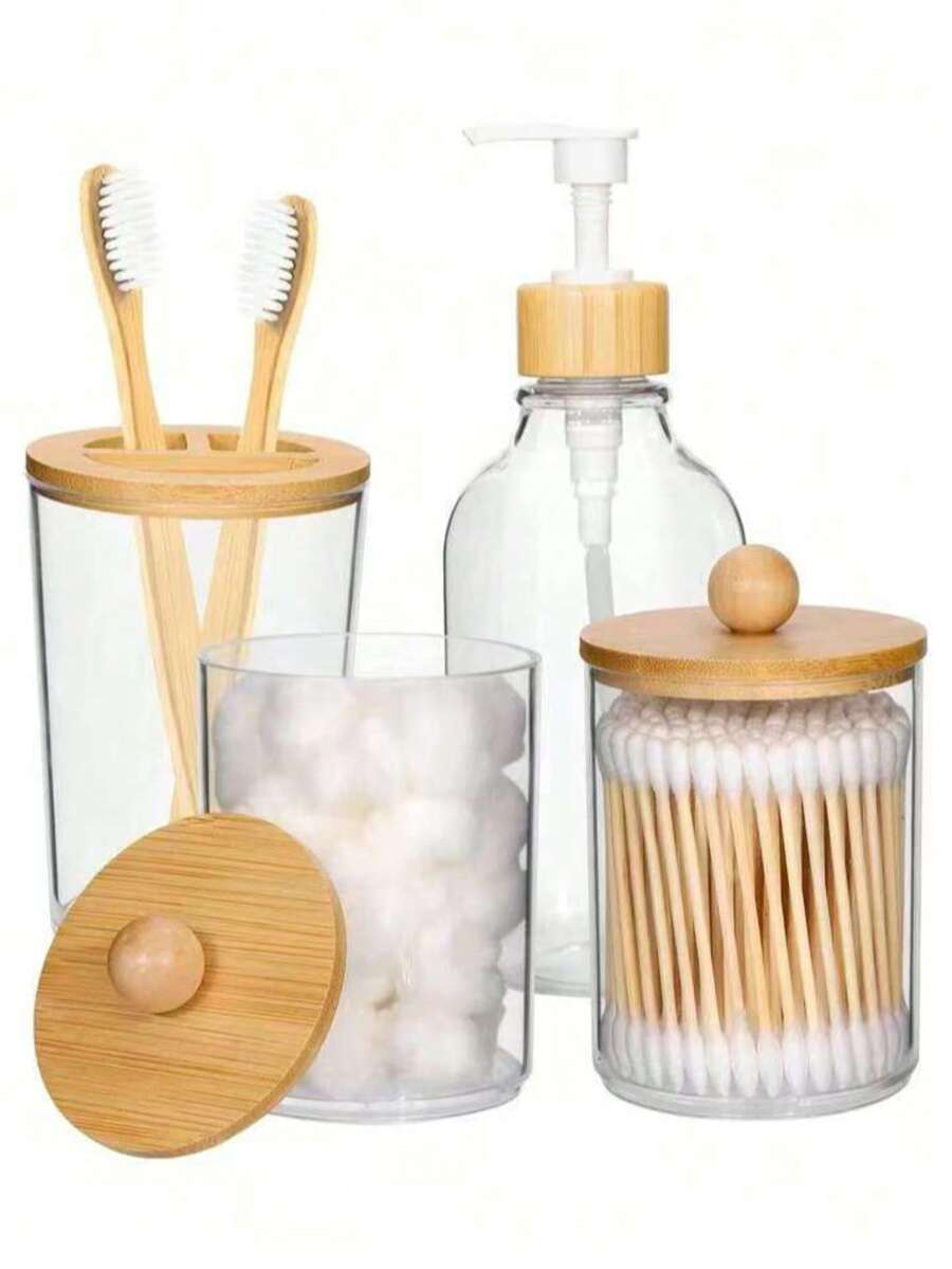 4-Piece Bathroom Wash Set With Minimalist Stripe Design Includes Hand Sanitizer Bottle, Rinse Cup, Toothbrush Holder & Soapboard Back-To-School Home Bathroom Decorating Bathroom Must-Have Combo! The Set Includes A Cute Swab Organizer To Keep Your Swabs Organized And Dry. It Also Comes With Shampoo And Body Soap Dispensing Bottles. Perfect For Organizing Your Bathroom Counter And Making Bath Time More Convenient.