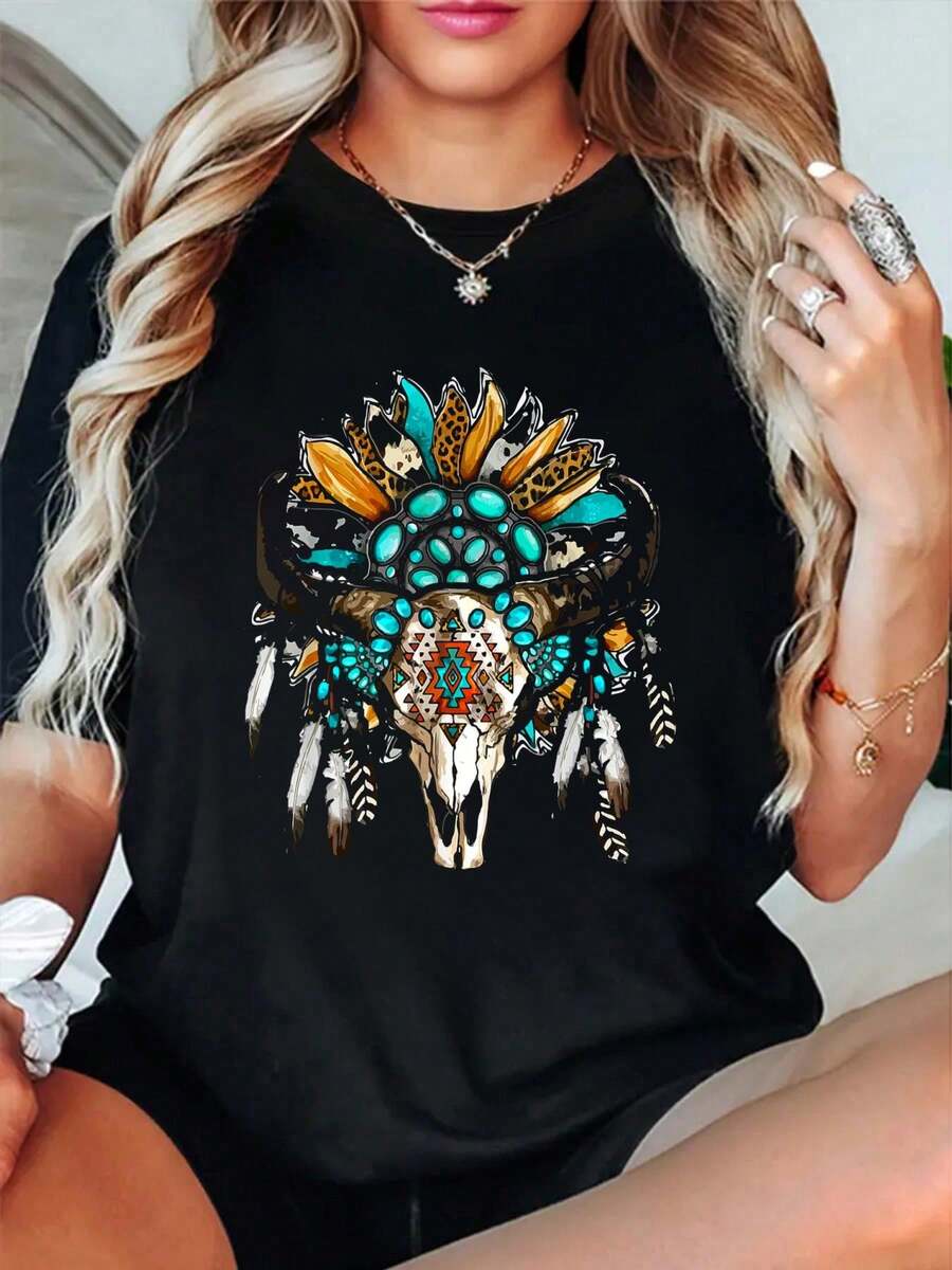 100% Cotton Western Boho Sunflowers Turquoise Cow Bull Skull T-Shirt Women's Men's Graphic Tee,Casual Short Sleeve Shirt - 黑色 - 查看 1