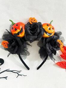 1 pieza Diadema de mujer de Halloween con diseño 3D de calabaza y rosa negra de malla, accesorio de fiesta, diadema para mujeres, regalo de accesorios de belleza para el hogar, aro para el cabello, esencial de disfraces de Halloween - calabaza - Ver 8