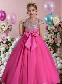 Girls' Elegant Bowknot Princess Dress, Suitable For Holiday Party And Formal Occasions (Please Refer To The Size Chart In The Product Details To Select The Appropriate Size)
