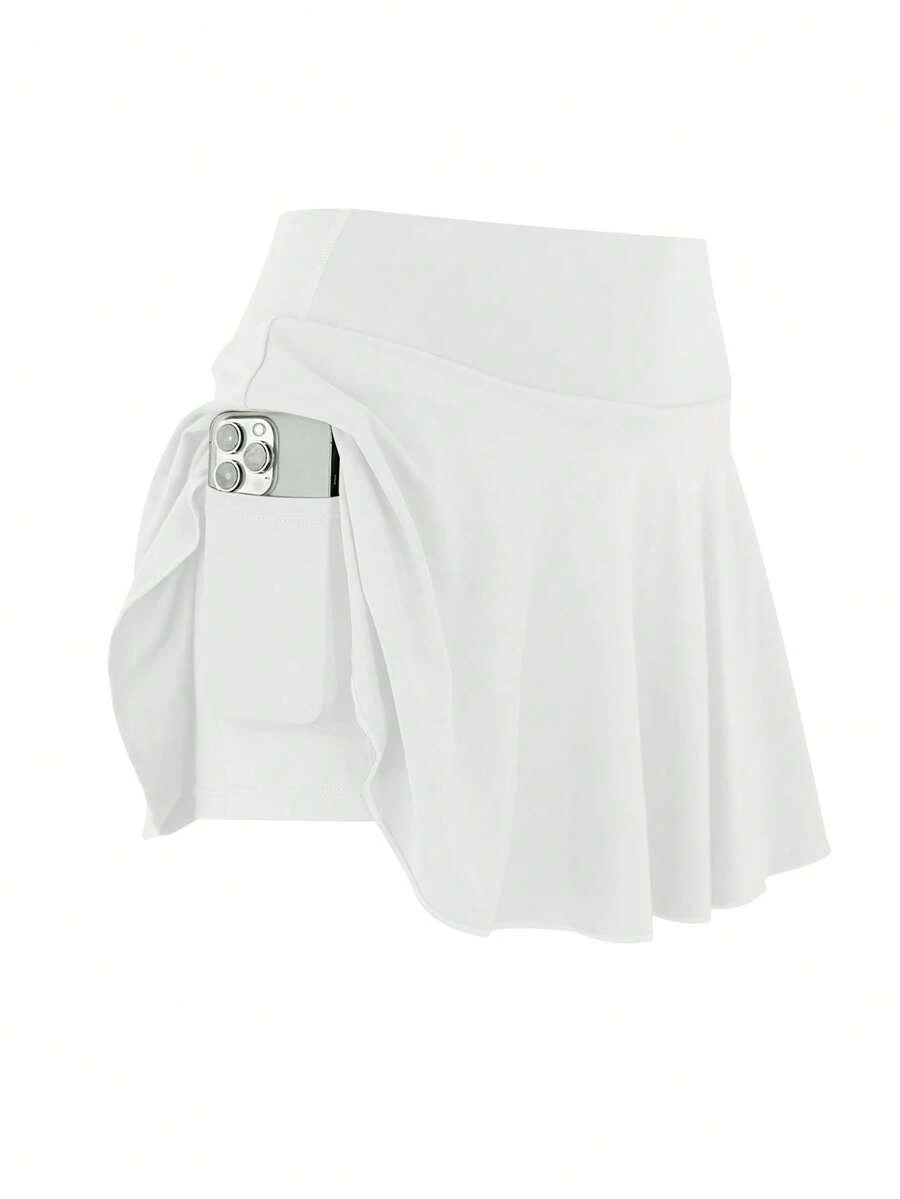 1pc Women Plus Size Athletic Skirt, High Waist Workout Running Tennis Skirt With Pockets, Casual Stylish Skort - 白色 - 查看 1