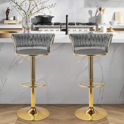 Nalupatio Set Of 2 Luxurious Bar Stools With Velvet Upholstery, Backrest & Footrest – Height Adjustable & Swivel, With Gold Metal Base