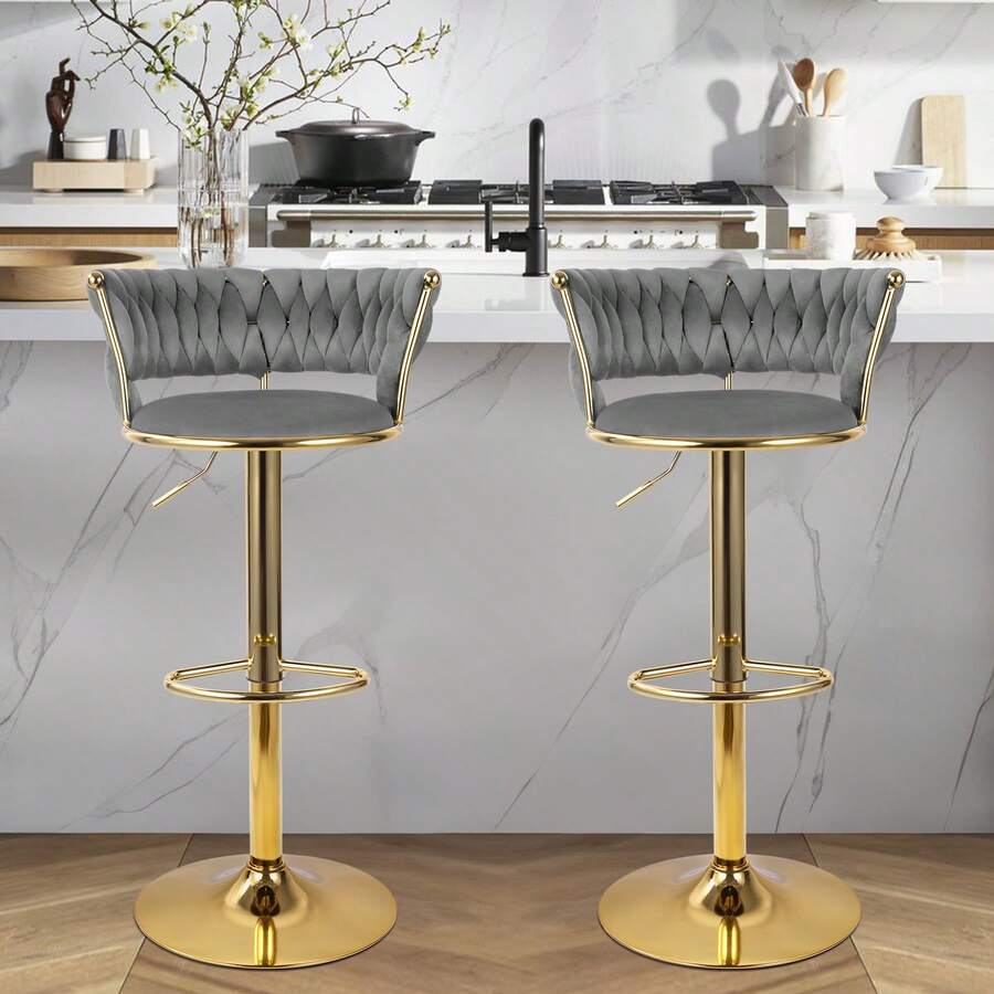 Nalupatio Set Of 2 Luxurious Bar Stools With Velvet Upholstery, Backrest & Footrest – Height Adjustable & Swivel, With Gold Metal Base - Dark Grey - View 1