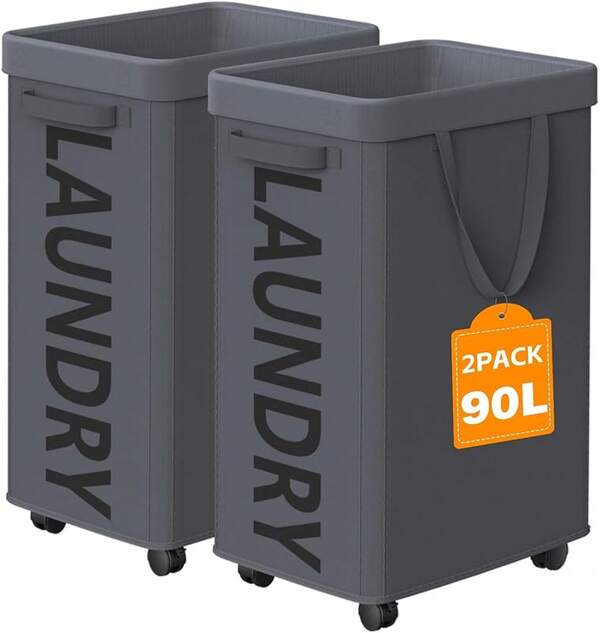 2 paquetes de 90L Cesta de lavandería con ruedas, Cesto de 29 pulgadas con ruedas y bolsa de malla extraíble, Cestas de lavandería con ruedas de color negro para dormitorio, dormitorio, organizador de ropa