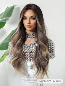 24英寸渐变棕色波浪假发，女士款 - 合成纤维中分自然蓬松假发 - 适合日常佩戴及各种场合 - 彩色 - 查看 4