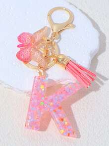 1pc A-Z Letter Butterfly Children's Bag Charm, Bag Accessory, Butterfly Tassel Letter Pendant Keychain, Pink Glitter Letter Keychain With Butterfly Tassel, Girls Bag Charm, Party Gift - Pink - View 24