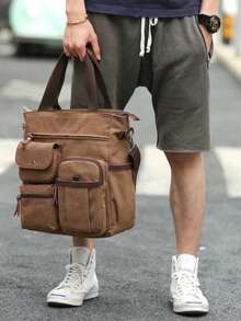 Vintage Canvas Messenger Bag For Men, Multi-Pocket Laptop Briefcase With Leather Trim, Shoulder Bag, Water-Resistant Work Bag For College, Commute, Travel, Fits 15" Laptop & Accessories 2000s Style Streetwear - A - View 2