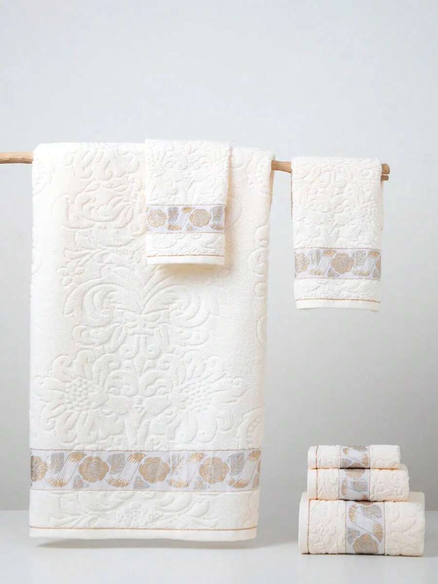 1pc White Pure Cotton Thin Bath Towel/Small Towel/Handkerchief, Rose Pattern, Quick Dry & Absorbent, Unisex, Suitable For All Seasons, Ideal For Bathroom, Travel, Vacation, Gift, School, Hotel And Home Use