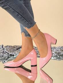Pointed Toe Women's Pumps, Chunky Heel High Heels, Simple Shallow Work Shoes - Pink - View 3