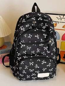 3 件套尼龙蝴蝶结印花背包套装，可折叠多口袋大容量防水拉链背包，适合青少年、高中生、大学生、女士、日常使用、通勤、旅行、情人节礼物 - 黑色 - 查看 4