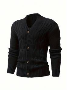 Men's Solid Rib-Knit Long-Sleeved Button-Up Cardigan - màu đen - Xem 2
