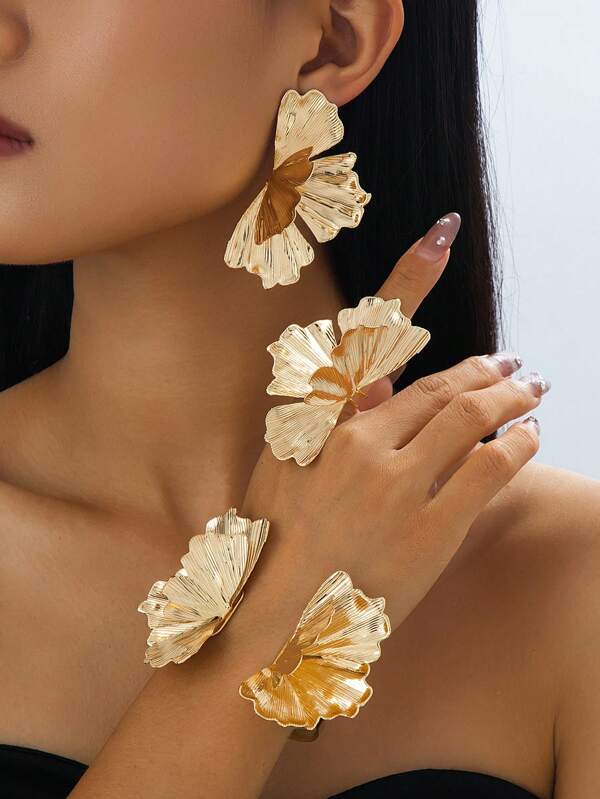 1 Set de joyería estilo punk con hoja de ginkgo media de metal versátil, pulsera ajustable, anillo y aretes, adecuado para uso diario y fiestas, regalo para mujeres
