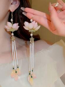 1 Pair Pink Lotus Flower Drop Earrings, Featuring Pink Lotus & Pearl Decor, Elegant Lady Exclusive Earrings