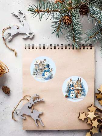 500pcs Christmas Sticker Roll - Holiday Design, Blue Snowy Town, Santa Snowman Pattern, Suitable For Envelopes, Scrapbooks And Sealing - Self-Adhesive Labels, Suitable For Holiday Decoration, Christmas Decoration | Holiday Theme Design | Glossy Paper Material, Christmas Wall Sticker