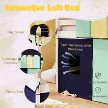 Lifezeal Twin Loft Bed With Tower & Tent 3 Storage Pockets Guardrail And Ladder - Navy Blue - View 6