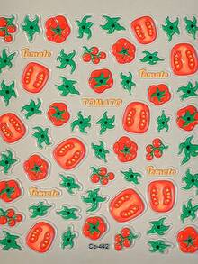 1pc 3D Embossed Fresh Tomato Nail Art Sticker, Fruit Theme Pattern, One-Time Self-Adhesive, Suitable For Creative DIY Manicure, Matching Seasonal Style - Red - View 4