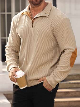 四季复古风格半拉链针织运动衫，卡其色条纹纹理，棕色肘部补丁，休闲日常穿着宽松版型男士上衣，秋季