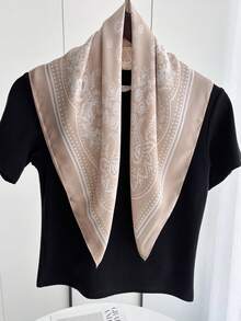 1条方形真丝围巾，女士缎面印花发带，头巾，时尚头巾，披肩，颈巾，发带，服装配饰 - 卡其腰果 - 查看 3