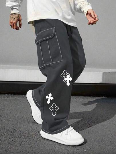 1 件男士多口袋工装裤，宽松交叉印花，适合海滩、日常通勤、运动、户外、休闲直筒裤，时尚街头服饰，男友/丈夫礼物，周年纪念礼物，四季皆宜，秋季