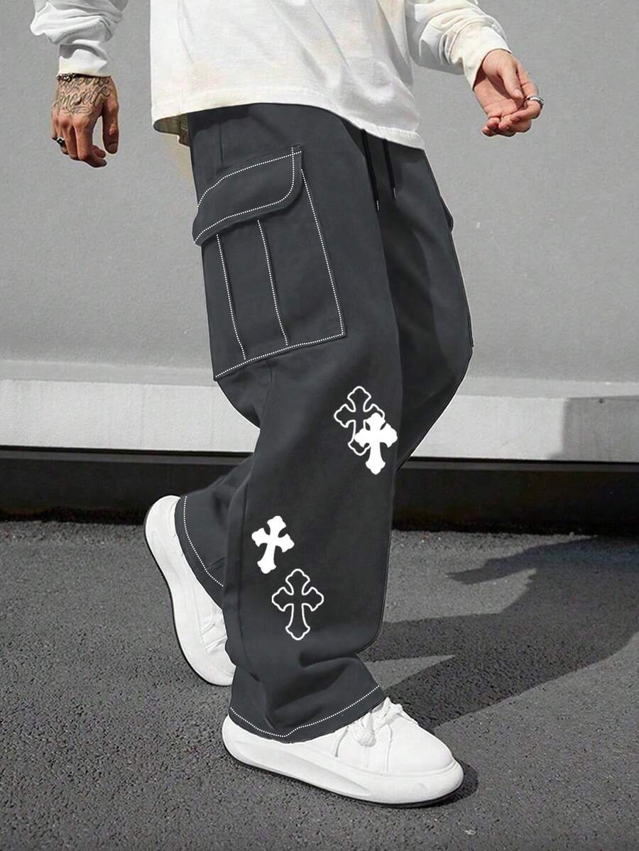 1 件男士多口袋工装裤，宽松交叉印花，适合海滩、日常通勤、运动、户外、休闲直筒裤，时尚街头服饰，男友/丈夫礼物，周年纪念礼物，四季皆宜，秋季