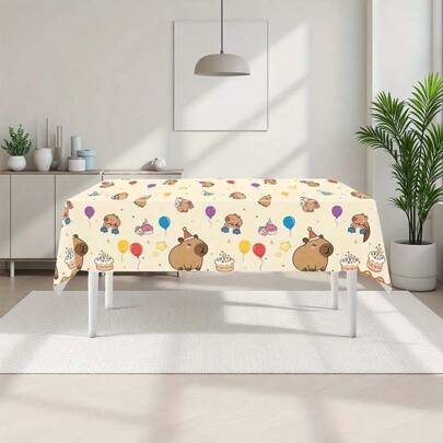 Toalha de mesa temática de festa de capivara, 106,68 x 180,34 cm, pacote com 1/2/3 unidades - estampa de animais fofos com balões e chapéus, material plástico durável, adequado para decoração de aniversário, Natal e Ano Novo, design divertido, fácil manutenção, decoração de feriados, material leve, capa de mesa de jantar