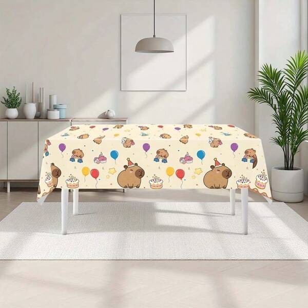 1/2/3 Packs Capybara Party Theme Tablecloth 106.68x180.34cm - Cute Animal Pattern With Balloons And Hats, Durable Plastic Material Suitable For Birthday, Christmas, New Year Decoration, Fun Design, Easy Maintenance, Holiday Decor, Lightweight Material, Dining Table Cover