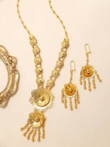 3 件时尚优质项链耳环套装铜镀金玫瑰花朵图案硬币链首饰套装适合女性婚礼首饰节日礼物