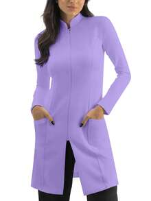 纯色前拉链双口袋实验室大衣 - 紫色 - 查看 5