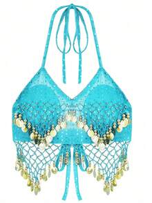 Women Halter Bra Tops Sequin Beads Tassel Lace-Up Belly Dance Crop Top Boho Festival Bellydance Performance Costume Dancewear - Multicolor - View 12