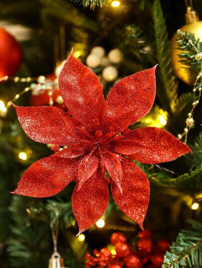 10 件/1 件闪光一品红人造一品红花朵，多种颜色可选，圣诞树装饰（带夹子），闪光一品红花朵，圣诞装饰，节日配饰，圣诞树，花环，闪光一品红圣诞树饰品，节日装饰 DIY 花环