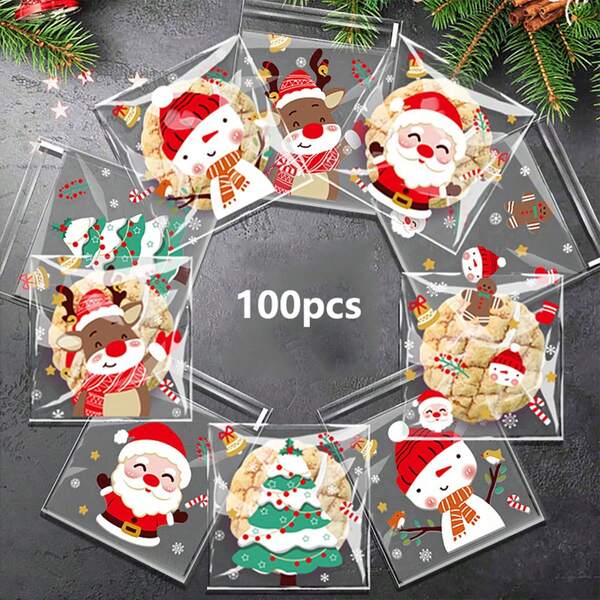 100 piezas Bolsas autoadhesivas de OPP de Navidad, para empaquetar caramelos, chocolates, bocadillos, galletas horneadas, pasteles, con diseños surtidos de copos de nieve, árboles de Navidad, ciervos, muñecos de nieve y Papá Noel