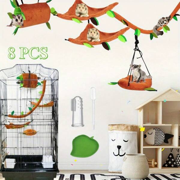 8 Pcs Sugar Glider Supplies Cage Accessories Hammock Set Hanging Bed Hideout For Small Animal Pets Hamster Guinea Pig Squirrel Gerbils