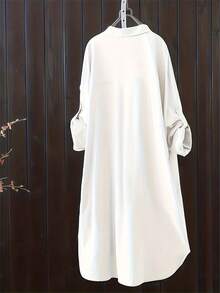 Casual Loose Oversized Shirt Linen Solid Long Shirts Korean Fashion Midi Shirts & Blouses Women Clothing Plus Size Tops - 白色 - 查看 2