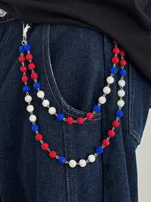 1pc Solid Color Rhinestone Pearl Punk Dual Chain Belt Keychain, Waist Accessory Suitable For Gift, Party, And Casual Outfit