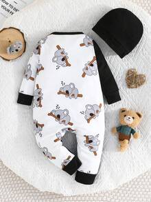 Mono de manga larga para bebé con diseño de parche con lindo estampado de koala, mono para bebé fácil de usar con gorro - Negro - Ver 3