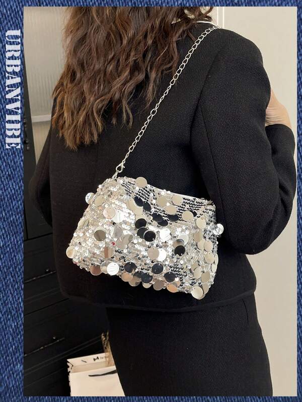 Bolso de mano de mujer con rectángulo de lentejuelas de colores, nuevo bolso cruzado versátil con cremallera personalizado, embrague de noche único con correa de cadena