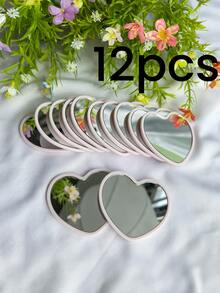 12 Stücke herzförmige Mini-Spiegel, polierte Oberfläche, Kunststoffrahmen, Tischaufstellung, unparfümiert, Blumenmotiv, tragbar, ohne Strom, tragbare Spiegel | stilvolle Tischplatte | dauerhafte Spiegel, süßer kompakter Spiegel, perfekt für Geburtstage, Hochzeiten, Halloween Party Dekorationen, Hochzeitsgeschenke, Party Geschenke