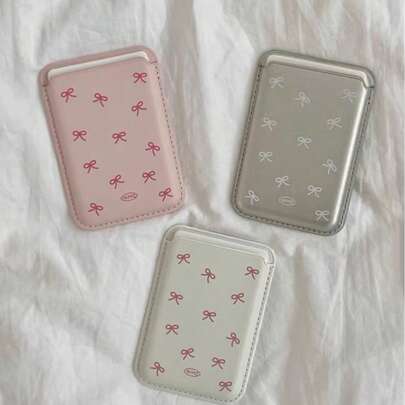 Ốp lưng điện thoại kiêm giá đỡ thẻ Magsafe kiêm sạc không dây bằng da in họa tiết nơ Indie Girly Hàn Quốc tương thích với iPhone 16 Pro Max/15 Pro, Apple 14/13/12/11