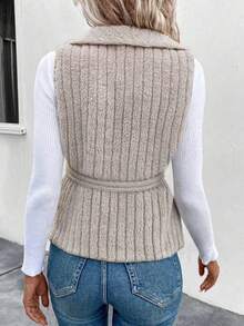 女式秋冬夏尔巴羊毛双面条纹领带背心夹克，保暖 - 杏色 - 查看 2